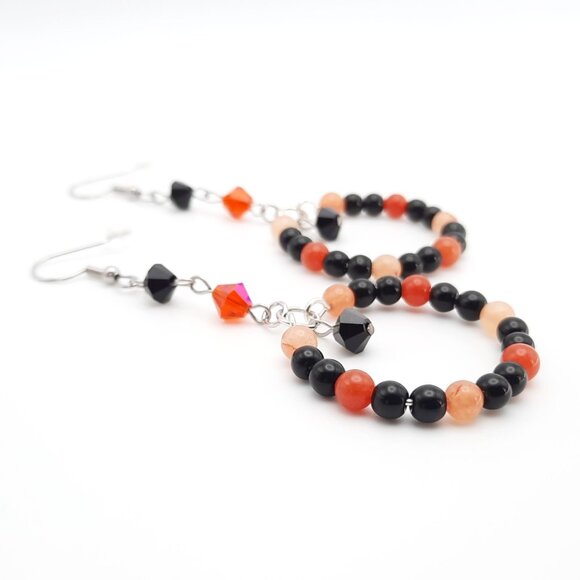 Orange Quartz Black Jasper Chakra Gemstone Circle Earrings Handmade Jewelry - Picture 3 of 6
